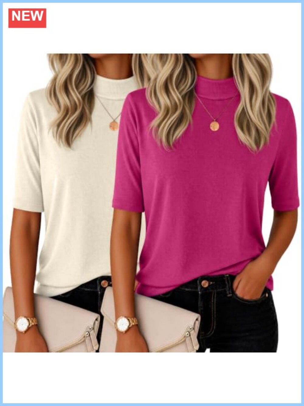 Ficerd 2 Pack Women's Mock Neck Half Sleeve Tops Slim Fit T-Shirts
